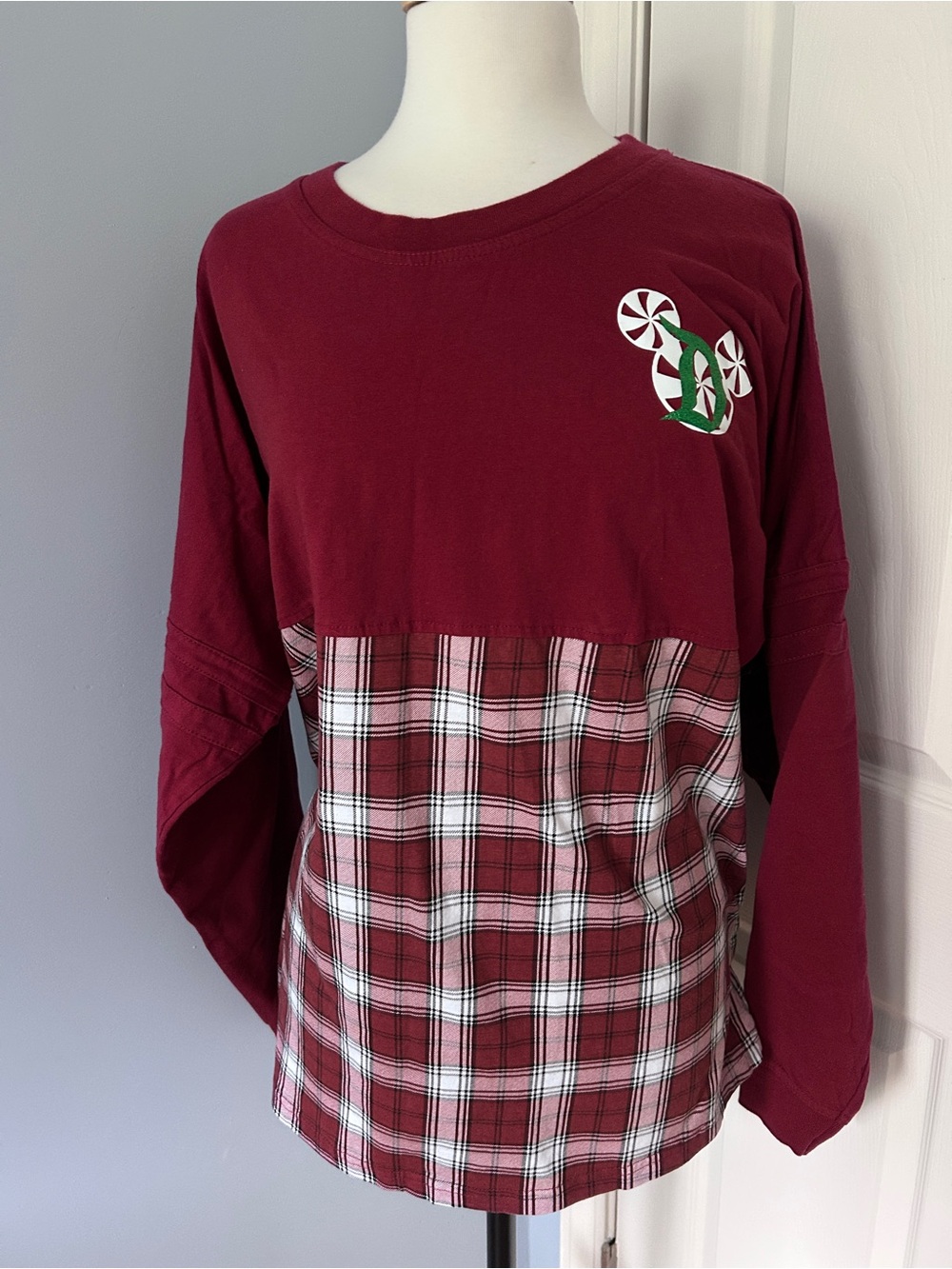 Disney Woman’s Burgundy Plaid Layered Long-Sleeve Shirt